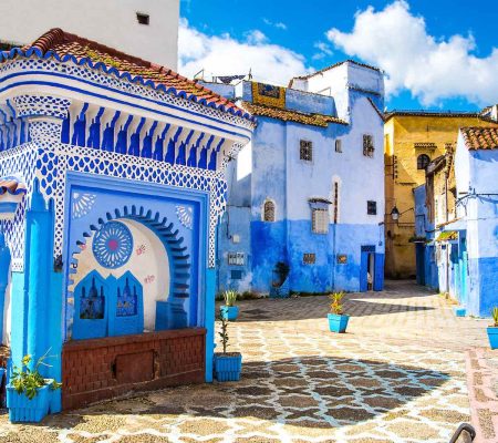 Beautiful view of the square in the blue city of Chefchaouen. Location: Chefchaouen, Morocco, Africa. Artistic picture. Beauty world